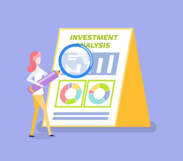 Investering Analyse Vrouw met Vergrootglas — Stockvector