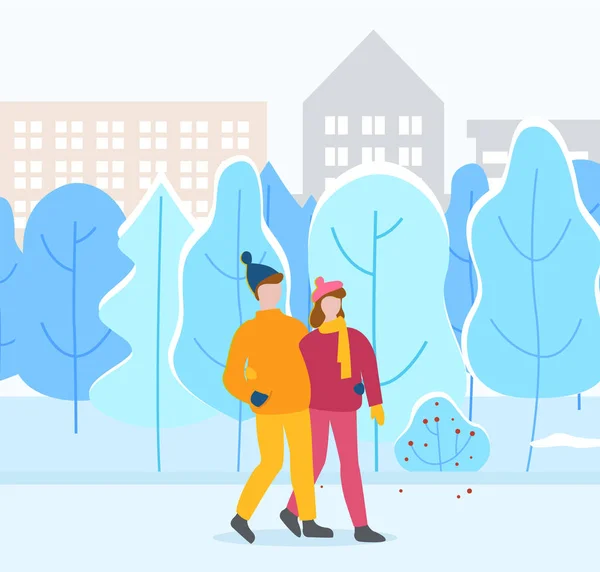 Paar spaziert im winterlichen Stadtpark, Mann und Frau — Stockvektor