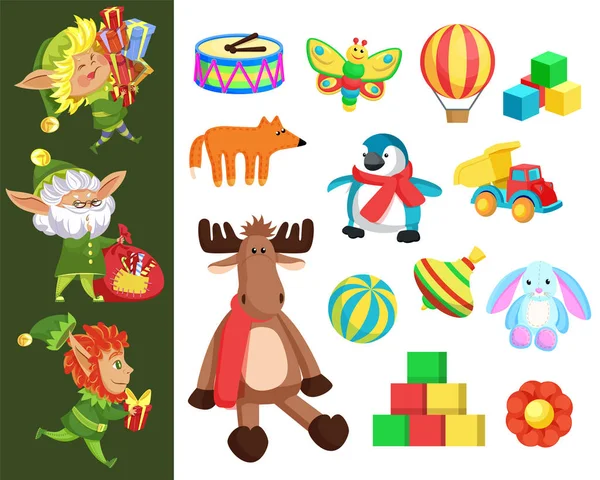 Vacaciones de Navidad, elfos y cajas de regalo o juguetes — Vector de stock