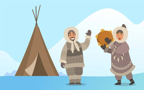 Eskimo Zingen met tamboerijn in Alaska Vector — Stockvector