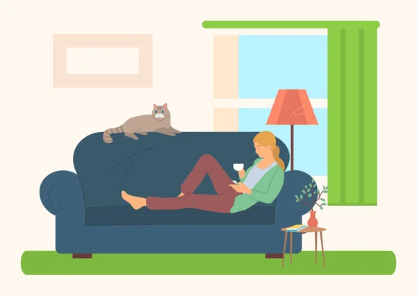 Female Reading Literature on Sofa, Hobby Vector — Stock Vector
