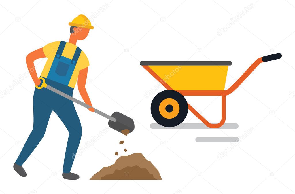 Worker Digging Hole with Shovel into Cart Vector