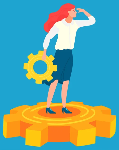 Woman Business Manager Standing on Gearwheel — Stock Vector