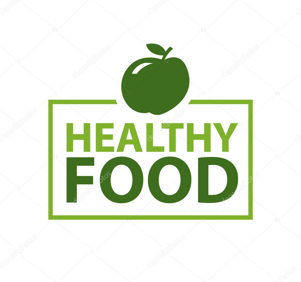 Healthy food inscription in frame topped by apple. Vector isolated green logo with fruit, natural organic dieting nutrition emblem. Logotype of bio company