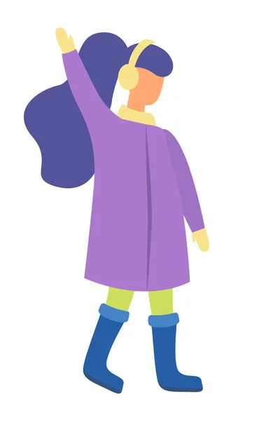 Mujer de pie en ropa abrigada, invierno clima frío — Vector de stock