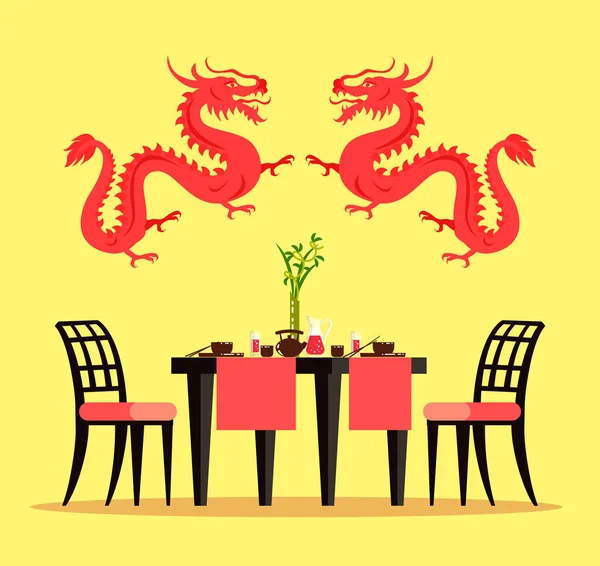 Κινέζικα έπιπλα εστιατορίου και διακόσμηση εσωτερικών χώρων — Διανυσματικό Αρχείο