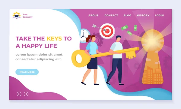 Portare le chiavi per la vita felice, sito web educativo — Vettoriale Stock