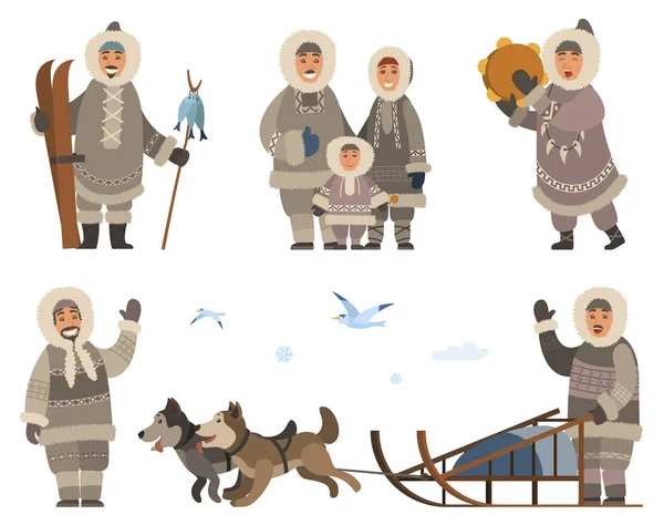 Arctic People Set, Eskimos Families Collection — Stock Vector