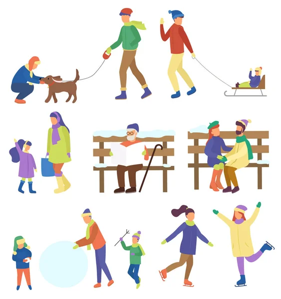 Actividades de Invierno en Parque, Personajes Aislados — Vector de stock