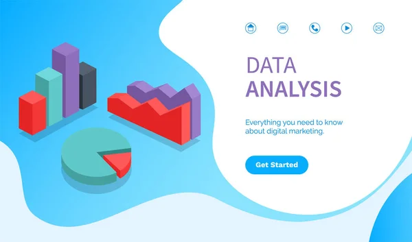 Gegevensanalyse, Website met Info en Infocharts — Stockvector