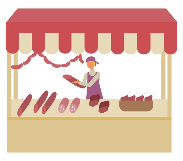 Butchery Shop at Marketplace Seller with Sausages — Stock Vector