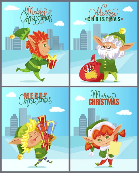 Elfos y regalos de Navidad, Tarjetas de felicitación de Navidad — Vector de stock