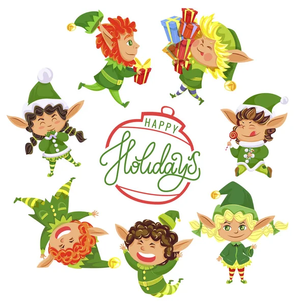 Tarjeta de felicitación de días festivos para Navidad, juego de niños elfos — Archivo Imágenes Vectoriales