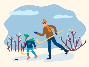 Baba ve Oğul Hokey Vektörü Oynarken Etkinlik