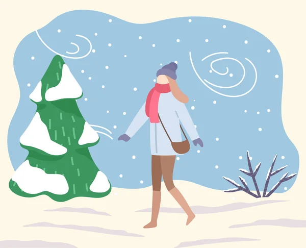 Woman Walking in Winter Forest During Blizzard — Stock Vector