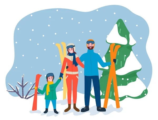 Familia en la estación de esquí, Vector de vacaciones de invierno — Vector de stock