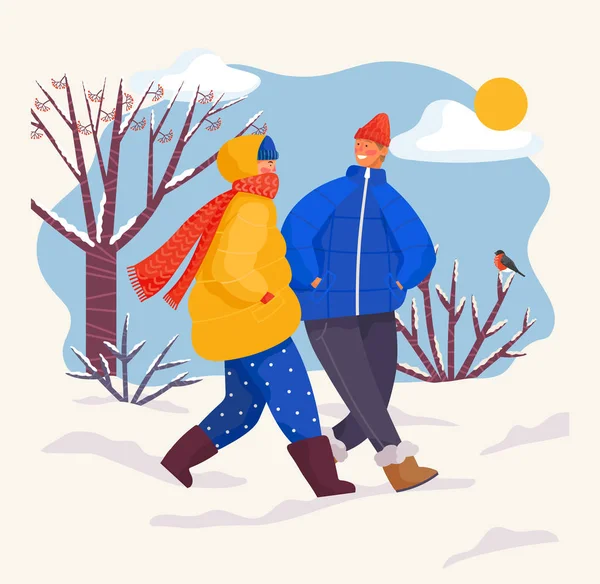 Homme et femme portant des vêtements chauds Marcher dans le parc — Image vectorielle