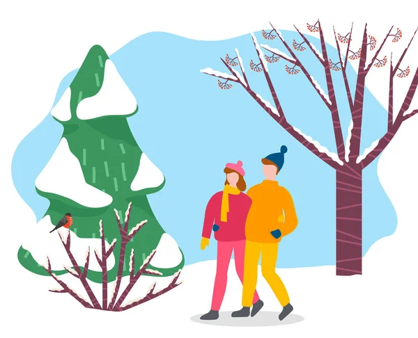 Couple Walk Through Winter Forest, People on Date — 스톡 벡터