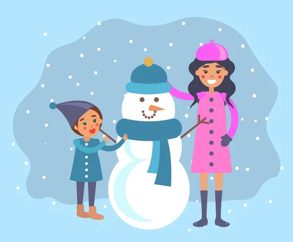 Mom and Kid Sculpting Snowman Winter Activities — Stock Vector