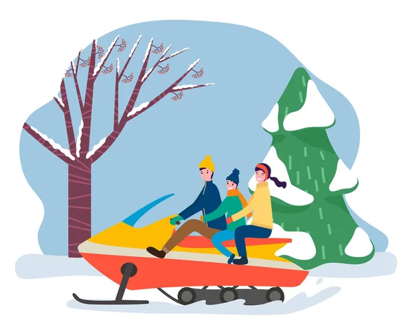 Family on Winter Vacation Riding on Snowmobile — 스톡 벡터