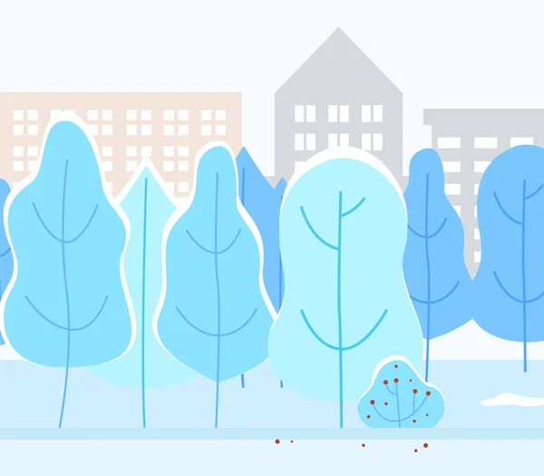 Snowy Park Miejski z drzewami, Pogoda zimowa w Mieście — Wektor stockowy