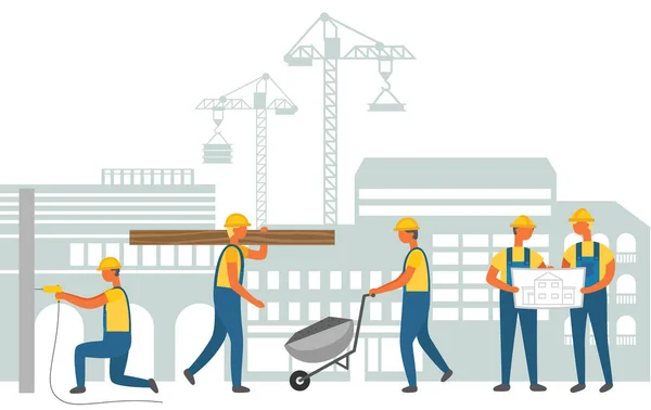 Paesaggio urbano e lavoratori, gruppo di lavoro costruzioni — Vettoriale Stock