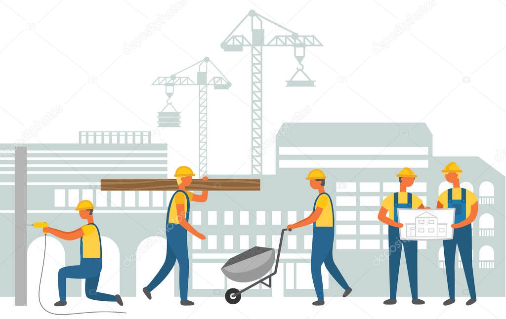 Cityscape and Workers, Construction Working Team