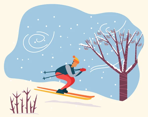 冬季活动人员滑行的下坡矢量 — 图库矢量图片