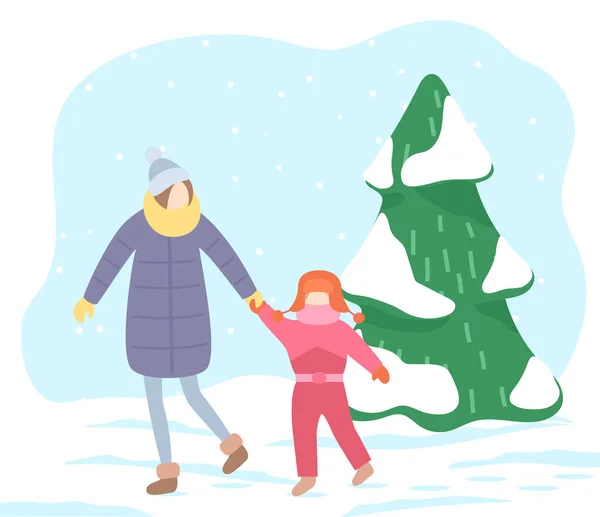 Mother Walking with Daughter in Winter Day Vector