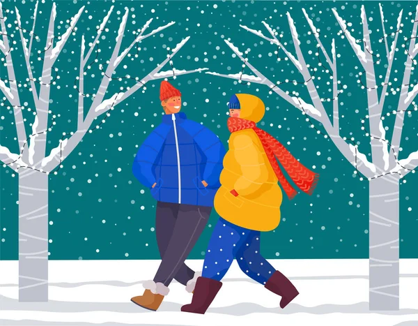 Promenade homme et femme dans la pelouse enneigée, heure d'hiver — Image vectorielle