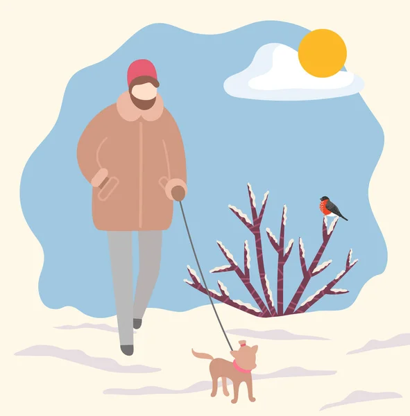 Mujer paseando perro con correa en el vector de Winter Park — Vector de stock