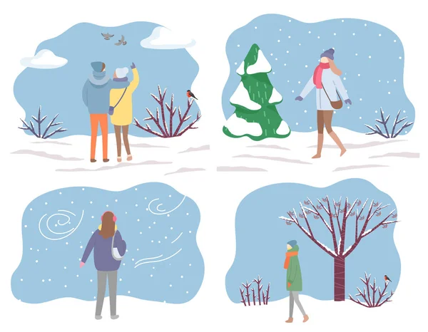 People Walking in Park in Winter Couple on Date — Stock Vector