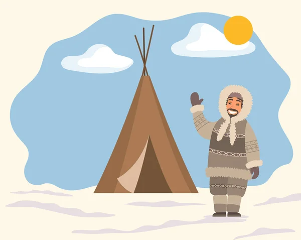 Eskimo Character Waving Hand near Tent Vector — 스톡 벡터