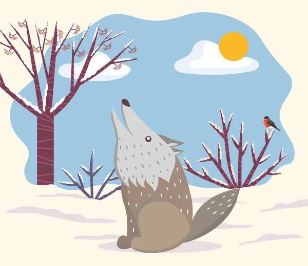 Воющий волк в зимнем ландшафтном лесу — стоковый вектор