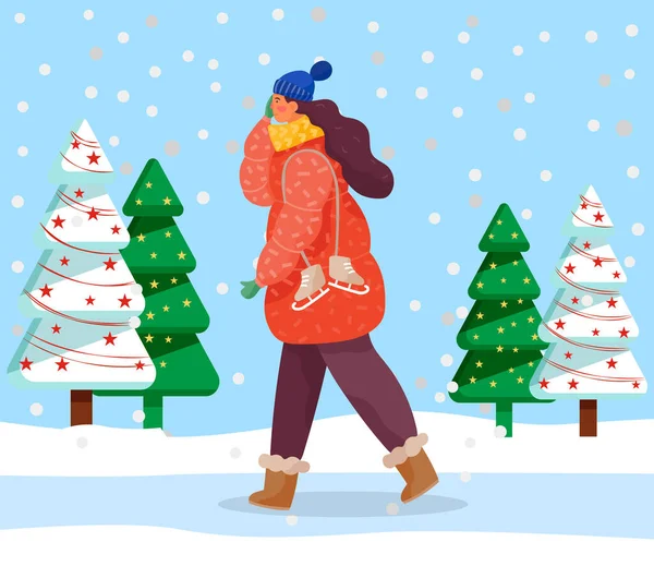Woman Walk in Forest, Winter Festive Fir Trees — Stock Vector
