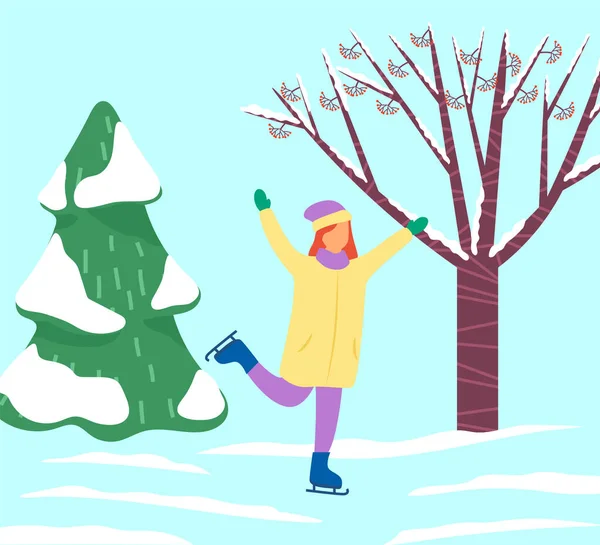 Mulher patinando sozinha na floresta, férias de inverno —  Vetores de Stock