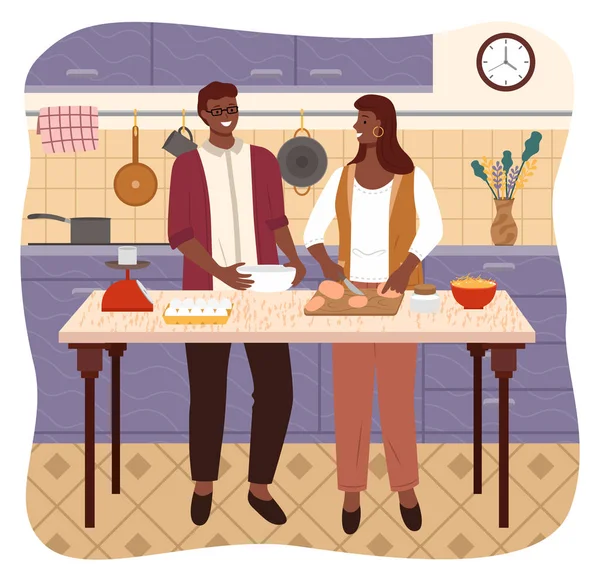 Ζευγάρι στο σπίτι μαγείρεμα, ο άνθρωπος και η γυναίκα στην κουζίνα — Διανυσματικό Αρχείο