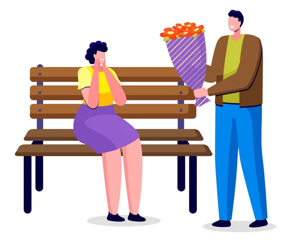 Woman Surprised to Get Bouquet from Man, Couple — Stock Vector