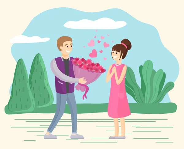 Пара на свидании, мужчина дарит букет цветов женщине — стоковый вектор
