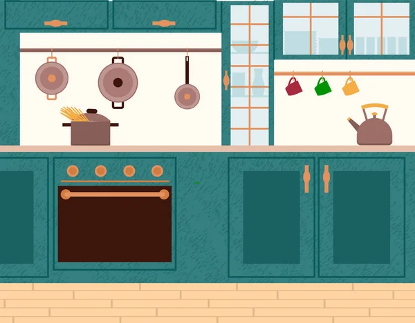 Küche mit Geschirr und Möbel Symbolvektor — Stockvektor