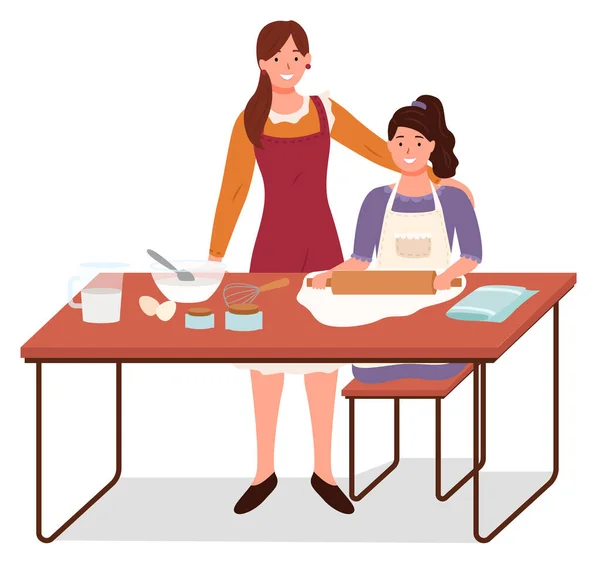 Mother Teaching Daughter to Bake and Cook Vector — ストックベクタ