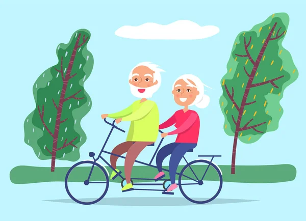 Elderly Couple Ride Bicycle on Date, Grandparents — 스톡 벡터