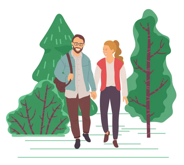 Homme et femme au rendez-vous dans le parc ou la forêt, Marcher — Image vectorielle
