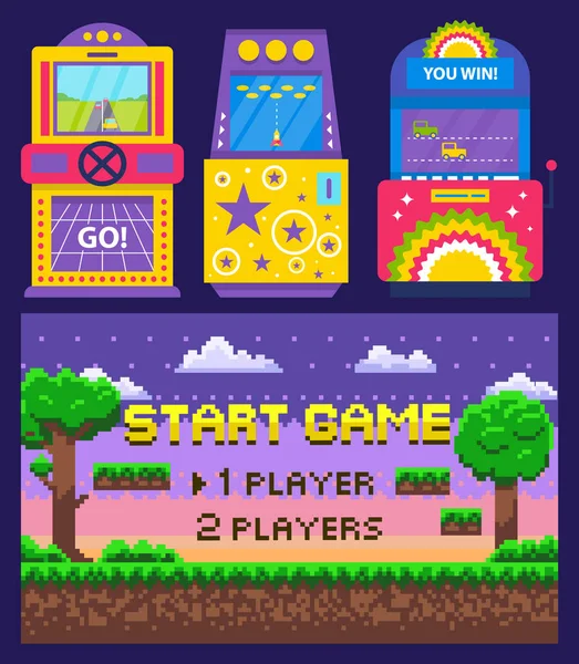 Juego sobre juego de píxeles, vector de máquinas de juego arcade — Vector de stock