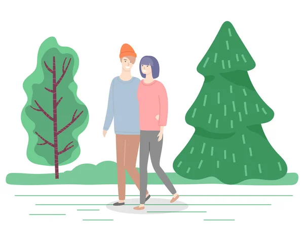Couple sur la date dans le parc, Homme et Femme câlins — Image vectorielle