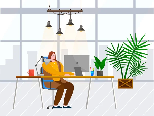 Ofiste Bilgisayarla Çalışan Kadın, Odanın İçi — Stok Vektör