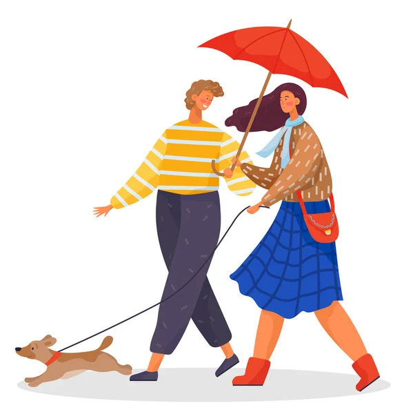 Ζευγάρι βόλτα με το σκυλί στο πάρκο, κυρία με ομπρέλα — Διανυσματικό Αρχείο