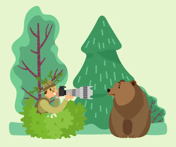 Fotógrafo de tiro selvagem Animais, Urso na floresta — Vetor de Stock