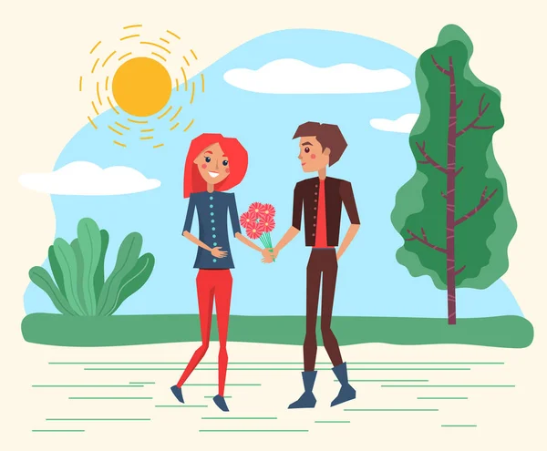 Smiling Lovers with Flowers Walking in Park Vector — Stock Vector