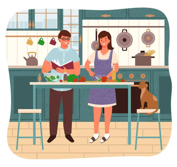 Couple Cooking, People in Kitchen Making Dish — Stock Vector